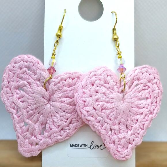 Artisan Pink Crochet Heart Earrings Statement Dangle Pink Swarovski Crystals NEW - Picture 3 of 6